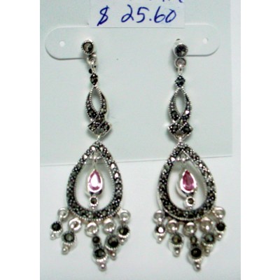 Marcasite Earring Open Teardrop with Fuchsia Pink Bezel Ctr+5