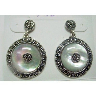 Marcasite Earring White Mother of Pearl Donut with Marcasite Round Ctr+Around