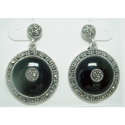Marcasite Earring Onyx Donut with Marcasite Round Ctr+Around
