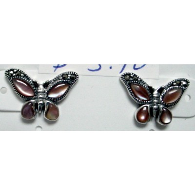 Marcasite Earring Pink Mother of Pearl Butterfly Post