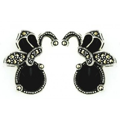 Marcasite Earring Onyx Fold Butterfly on Round