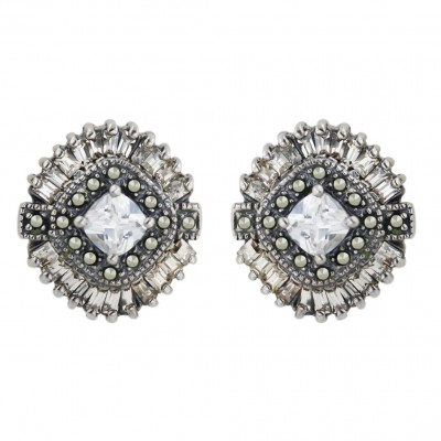 Marcasite Earring Clear Cubic Zirconia Cushion Ctr with Champagne Cubic Zirconia Baguette Sided