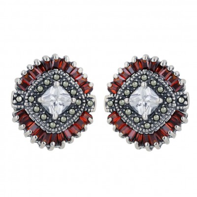 Marcasite Earring Clear Cubic Zirconia Cushion Ctr with Garnet Cubic Zirconia Baguette Sided