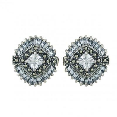 Marcasite Earring Clear Cubic Zirconia Cushion Ctr with Lv Cubic Zirconia Baguette Sided