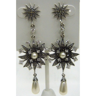 Marcasite Earring White Glass Pearl Ctr Sunflwr with Clear Cubic Zirconia+T-