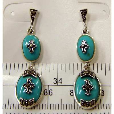 Marcasite Earring 2 Oval Faux Turquoise Links