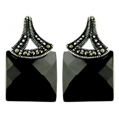 Marcasite Earring 12X12mm Black Cubic Zirconia Chess Cut Square with Triangle T