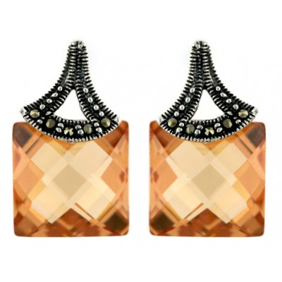Marcasite Earring 12X12mm Champagne Cubic Zirconia Chess Cut Square with Triangle To