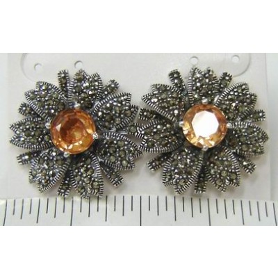 Marcasite Earring 8mm Champagne Cubic Zirconia Ctr Pave Flower