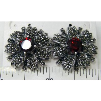 Marcasite Earring 8mm Garnet Cubic Zirconia Ctr Pave Flower