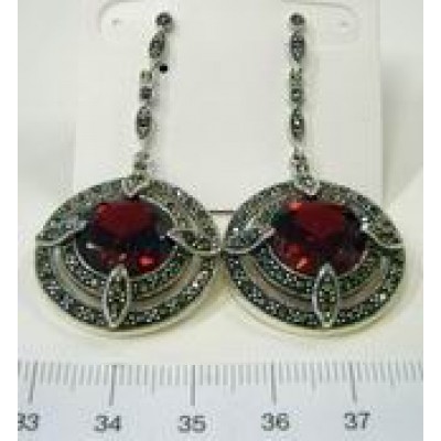 Marcasite Earring 14mm Round Garnet Cubic Zirconia Dangle