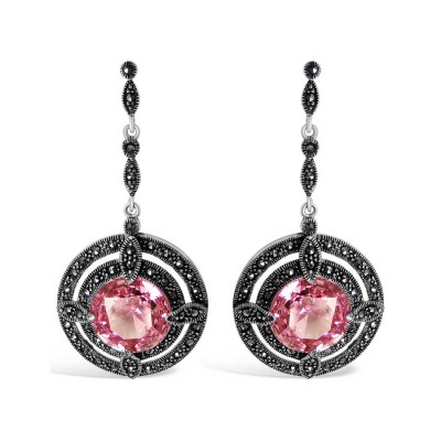 Marcasite Earring 14mm Round Pink Cubic Zirconia Dangle