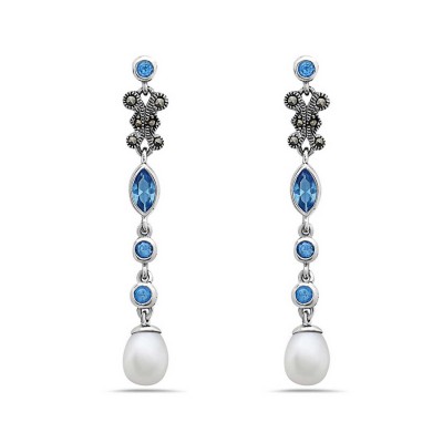 Marcasite Earring Blue Topaz Glass Marquis Bezel with Fresh Water Pearl