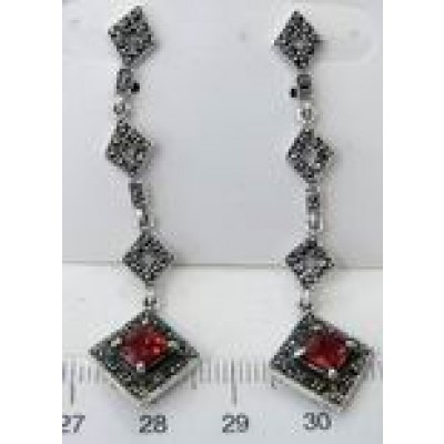 Marcasite Earring 3 Open Rhombus Top with Princess Cut Garnet Cubic Zirconia D