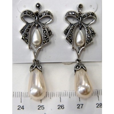 Marcasite Earring Bow with White Glass Pearl Drop