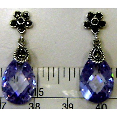 Marcasite Earring Flower Top with Chess Cut Lv Cubic Zirconia Broilette Drop