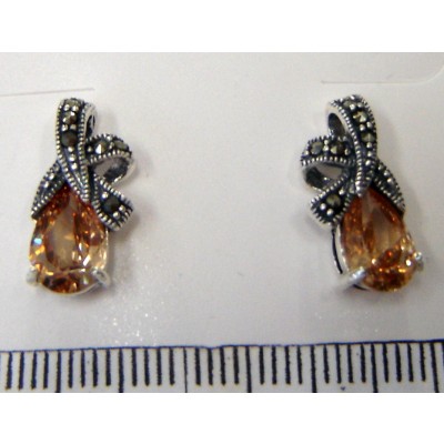 Marcasite Earring 'X' with Champagne Cubic Zirconia Tear Drop