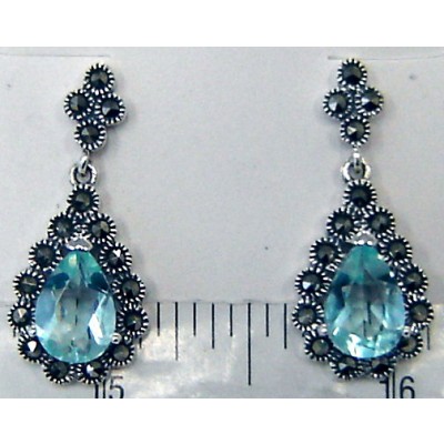 Marcasite Earring Aqua Marine Glass Tear Drop with Marcasite Around