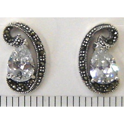 Marcasite Earring '6' Shape with Clear Cubic Zirconia Tear Drop