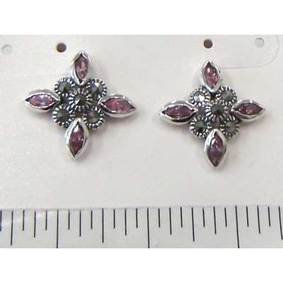 Marcasite Earring 5 Bezel with 4 Pink Cubic Zirconia Marquis
