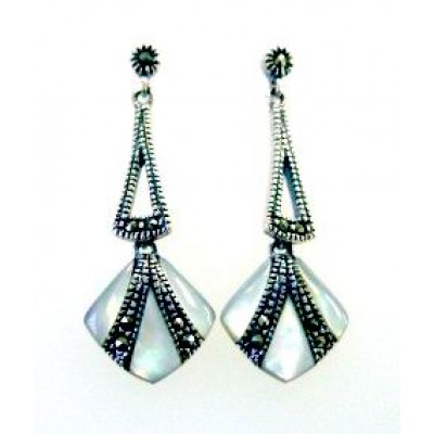 Marcasite Earring Open Triangle Top with White Mother of Pearl Shell