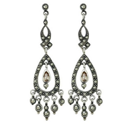 Marcasite Earring Cristen Fish Top with Open Tear Drop+Champagne Cubic Zirconia Dang