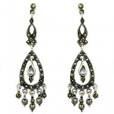 Marcasite Earring Cristen Fish Top with Open Tear Drop+Clear Cubic Zirconia Dan
