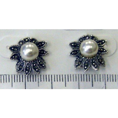 Marcasite Earring Faux Pearl with Marquis Flower