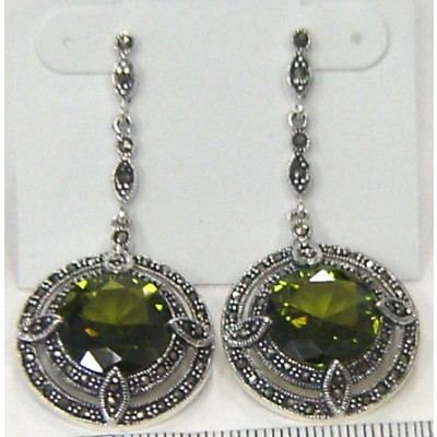 Marcasite Earring Round Olivine Cubic Zirconia with 4 Marquis Dangle