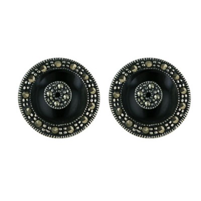 Marcasite Earring Round Onyx with Marcasite Circle