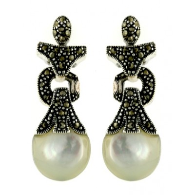 Marcasite Earring White Mother of Pearl Tear Drop Dangle