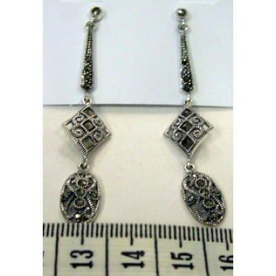 Marcasite Earring Long Drop with Filigree Rhombus+Oval