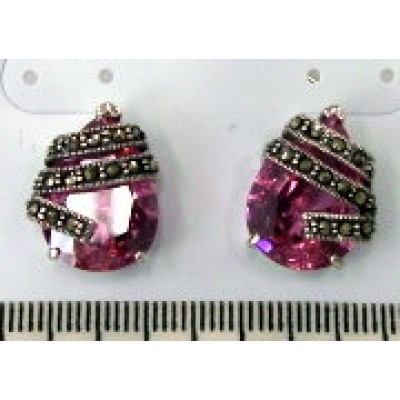Marcasite Earring Pink Cubic Zirconia Tear Drop with Bypass Marcasite