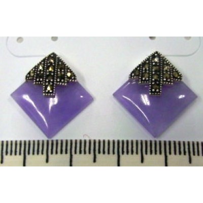 Marcasite Earring 13X13mm Square Purple Jade with 5 Marcasite Line