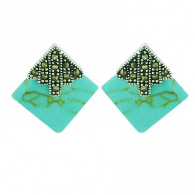 Marcasite Earring 13X13mm Square Faux Turquoise with 5 Marcasite Line