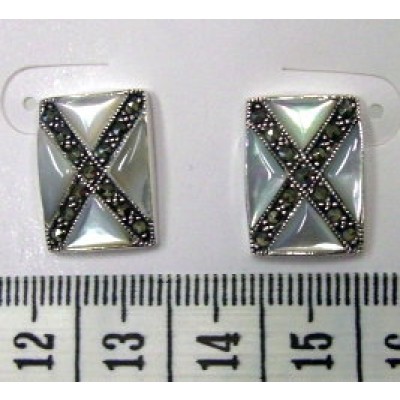 Marcasite Earring 'X' Rectangular with White Mother of Pearl