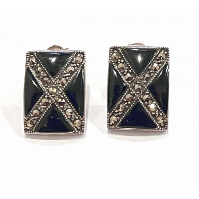 Marcasite Earring 'X' Rectangular with Onyx