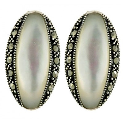 Marcasite Earring Long Oval White Mother of Pearl with Marcasite Line both Side