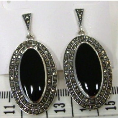 Marcasite Earring Oval Onyx with Marcasite Dangle