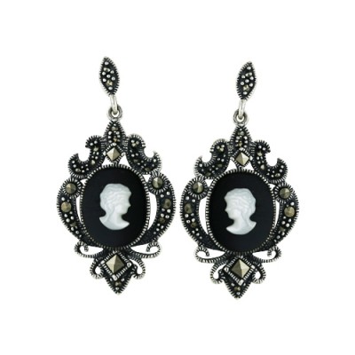 Marcasite Earring Cameo Oval Onyx with 2Pcs Square Cut Marcasite