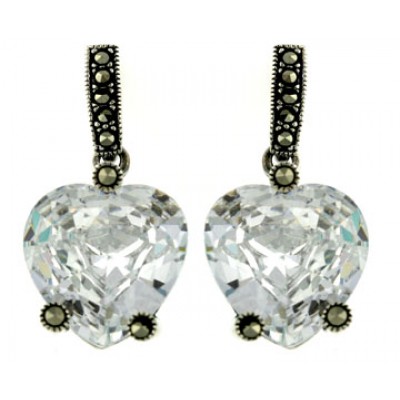 Marcasite Earring Clear Cubic Zirconia Heart with 3 Prongs
