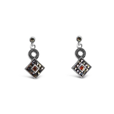 Marcasite Earring Circle+Square Cut Marcasite Bottom with Garnet Cubic Zirconia