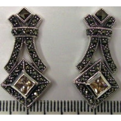 Marcasite Earring ) ( with 1Pcs Square Marcasite Top+Square Champagne Cubic Zirconia