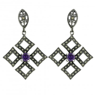 Marcasite Earring 5.5mm Amethyst Cubic Zirconia Round with 4 Open Pave Marcasite Rhombus