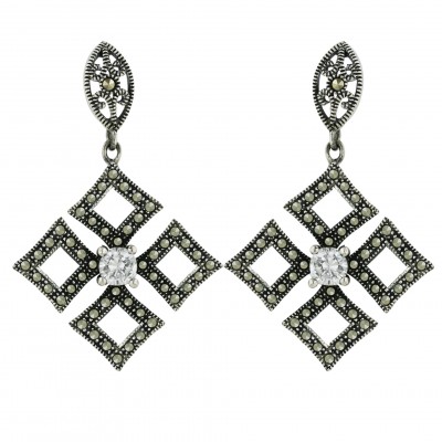 Marcasite Earring 5.5mm Clear Cubic Zirconia Round with 4 Open Pave Marcasite Rhombus