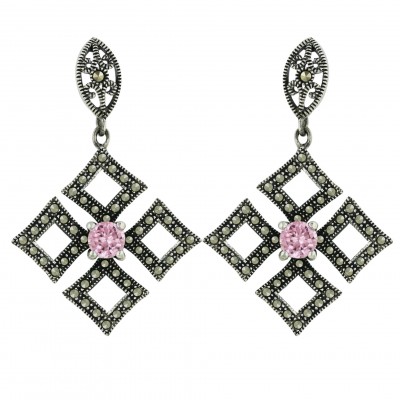 Marcasite Earring 5.5mm Pink Cubic Zirconia Round with 4 Open Pave Marcasite Rhombus