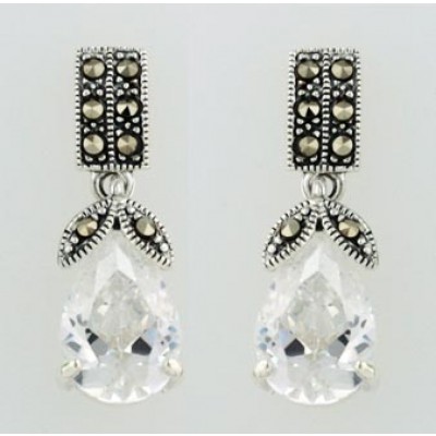 Marcasite Earring Rectangular Top+Marquis+Clear Cubic Zirconia Tear Drop