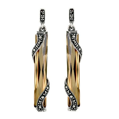 Marcasite Earring 32X4mm Champagne Cubic Zirconia Rectangular with Wavy Lines