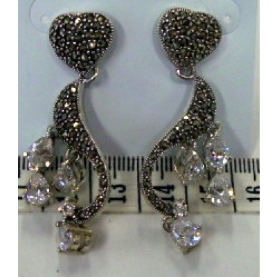 Marcasite Earring Pave Marcasite Heart+Wavy with 4 Clear Cubic Zirconia Tear Drop Dang
