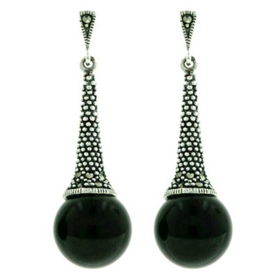 Marcasite Earring 12mm Onyx Ball Drop